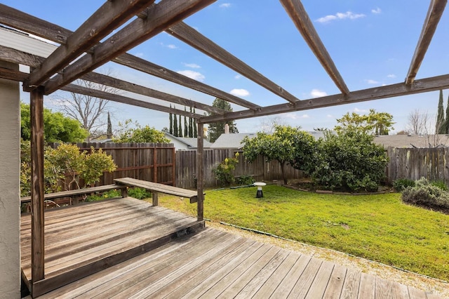 deck with a lawn, a pergola, and a fenced backyard