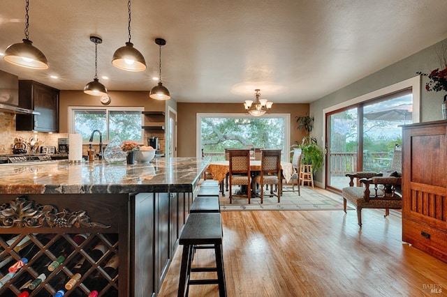 kitchen featuring light wood finished floors, dark stone countertops, a healthy amount of sunlight, and backsplash