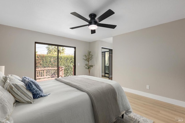 bedroom with ceiling fan, baseboards, access to exterior, and light wood finished floors