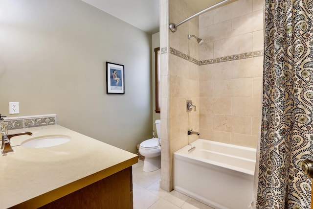 full bathroom with tile patterned floors, vanity, toilet, and shower / tub combo with curtain