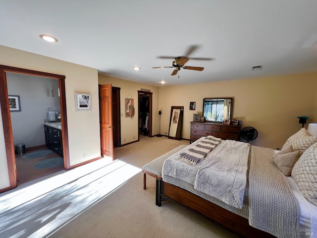 bedroom featuring recessed lighting, visible vents, light colored carpet, and baseboards