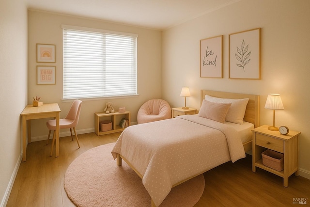 bedroom with baseboards, ornamental molding, and wood finished floors