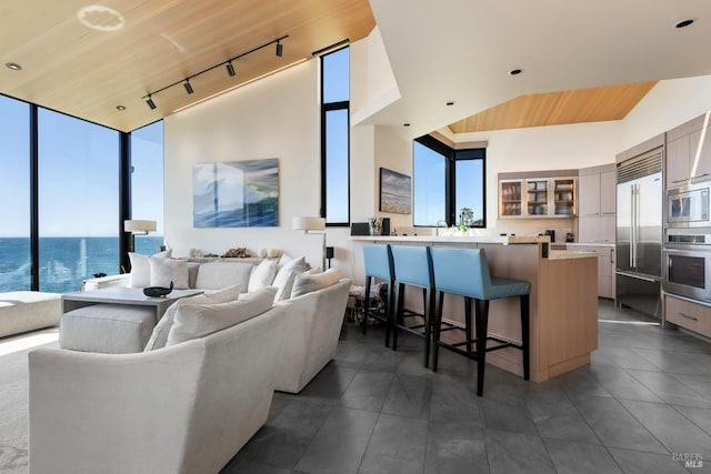 living area featuring rail lighting, a wall of windows, high vaulted ceiling, a water view, and wood ceiling
