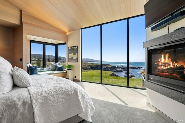 bedroom with vaulted ceiling, a water view, carpet floors, and a glass covered fireplace