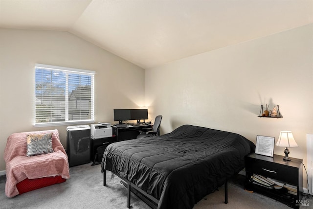 bedroom featuring carpet and lofted ceiling