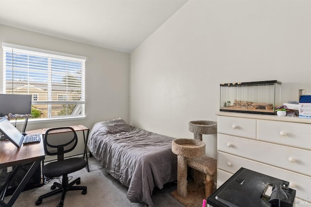 carpeted bedroom featuring lofted ceiling