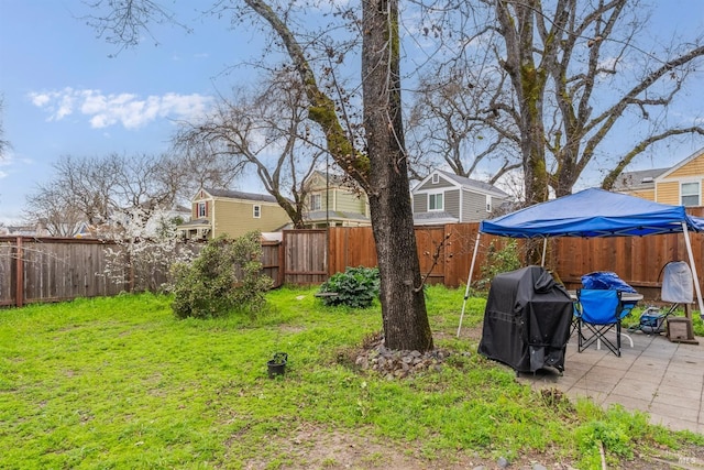 view of yard with a fenced backyard and a patio