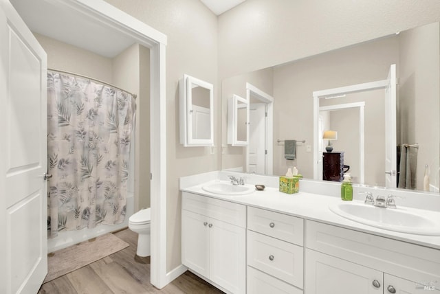 full bathroom featuring double vanity, toilet, wood finished floors, and a sink