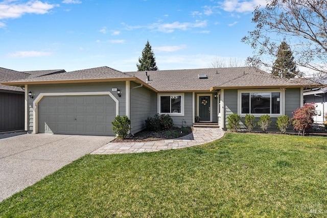 single story home with a front yard, a garage, driveway, and roof with shingles