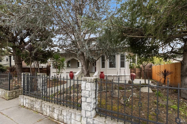 obstructed view of property with entry steps and a fenced front yard