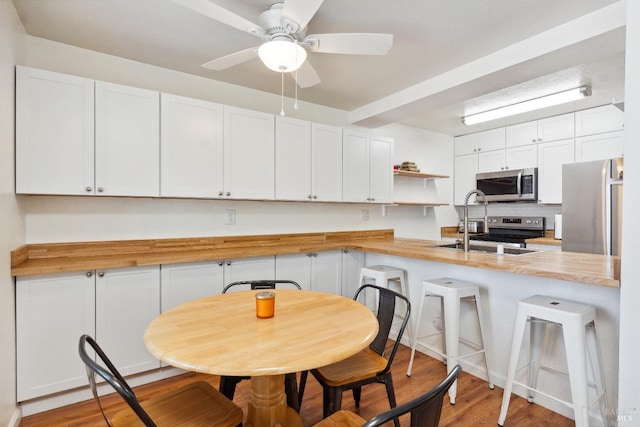 kitchen with stainless steel appliances, light wood-style floors, white cabinets, and wood counters