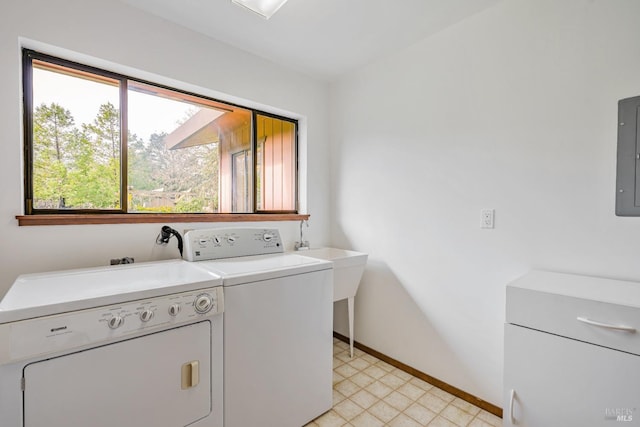 laundry room with washer and dryer, laundry area, electric panel, and baseboards