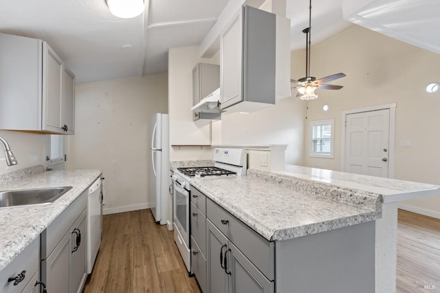 505 Petaluma Blvd N, Petaluma, CA 94952 - kitchen featuring gray cabinets, white appliances, a sink, ceiling fan, and light wood-style floors