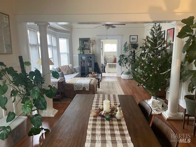 505 Petaluma Blvd N, Petaluma, CA 94952 - living room with decorative columns, wood finished floors, and a ceiling fan