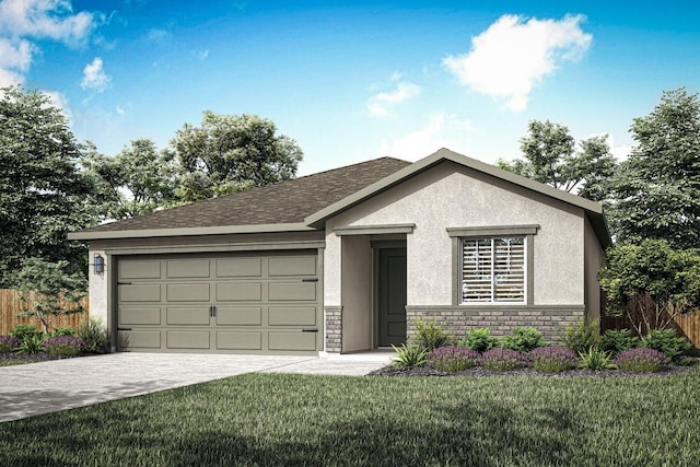 ranch-style home with an attached garage, fence, driveway, and stucco siding