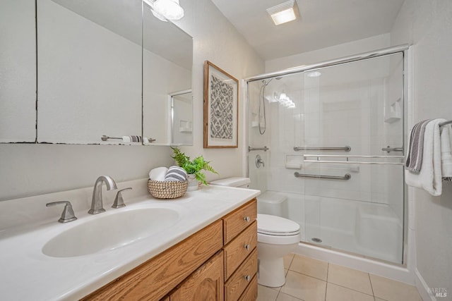 full bath featuring vanity, toilet, a shower stall, and tile patterned flooring