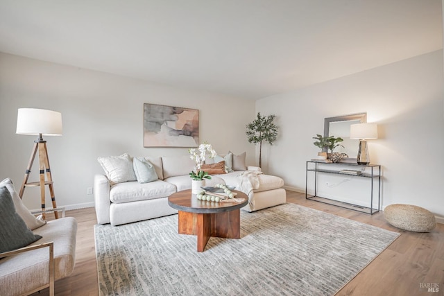 living area featuring baseboards and wood finished floors