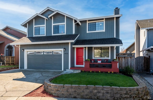 view of front of home featuring an attached garage, fence, a porch, a chimney, and driveway