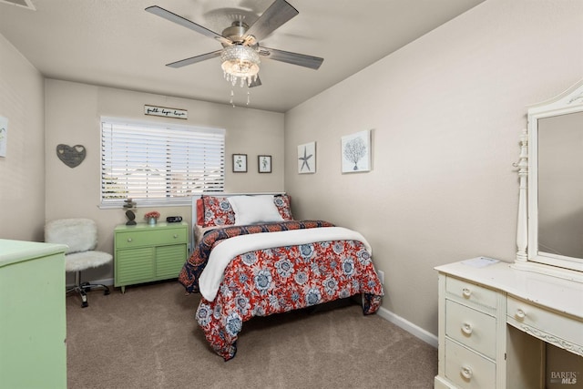 bedroom with carpet flooring, ceiling fan, visible vents, and baseboards