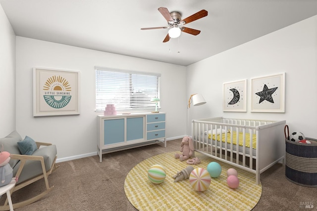 carpeted bedroom featuring a crib, baseboards, and a ceiling fan