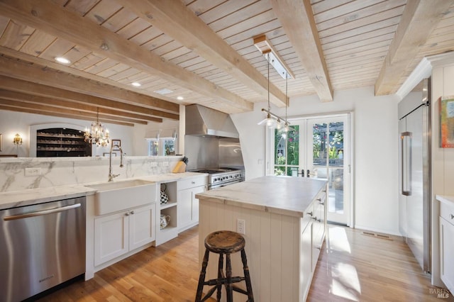 kitchen with decorative backsplash, light stone countertops, wall chimney exhaust hood, high end appliances, and a sink