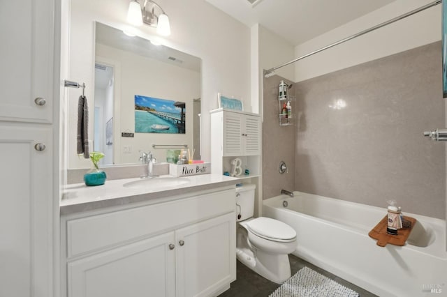 full bath featuring vanity, toilet, tub / shower combination, and visible vents