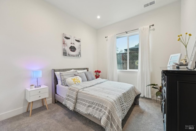 bedroom with visible vents, recessed lighting, baseboards, and carpet floors