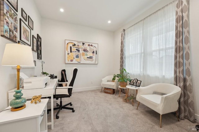 home office with recessed lighting, baseboards, and light carpet