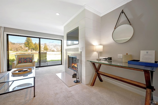 interior space featuring crown molding and a fireplace with flush hearth