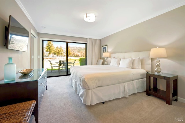 bedroom featuring baseboards, light carpet, crown molding, and access to outside