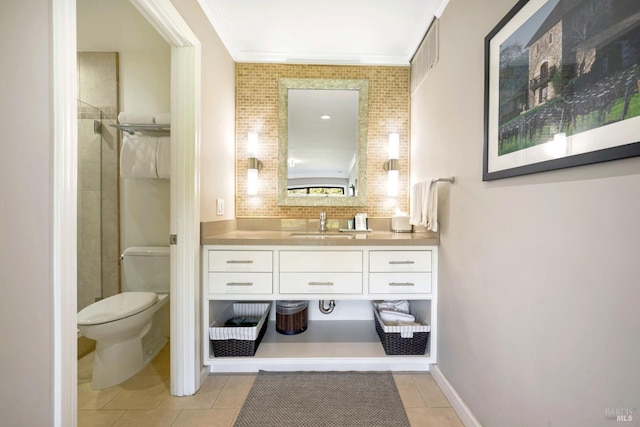 full bathroom with vanity, ornamental molding, tile patterned floors, toilet, and tasteful backsplash