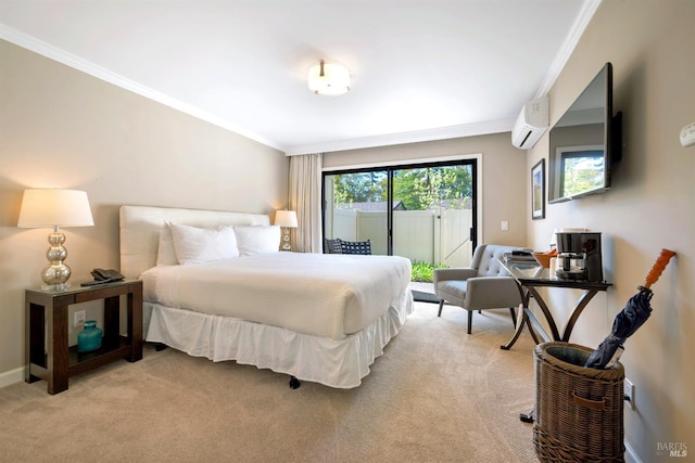 bedroom featuring light colored carpet, crown molding, and access to outside