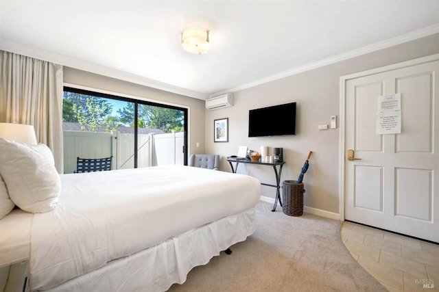 bedroom featuring tile patterned floors, a wall mounted air conditioner, ornamental molding, baseboards, and access to exterior