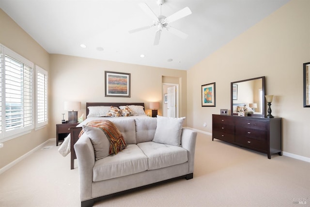 bedroom featuring baseboards, light colored carpet, lofted ceiling, recessed lighting, and a ceiling fan