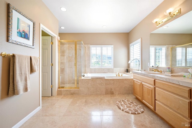 full bathroom with a shower stall, tile patterned floors, recessed lighting, a bath, and vanity