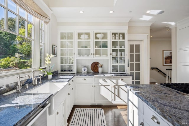 kitchen with white cabinetry, dark wood-type flooring, stone countertops, and ornamental molding