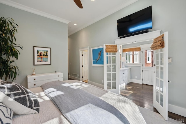 bedroom with ornamental molding, wood finished floors, recessed lighting, french doors, and baseboards