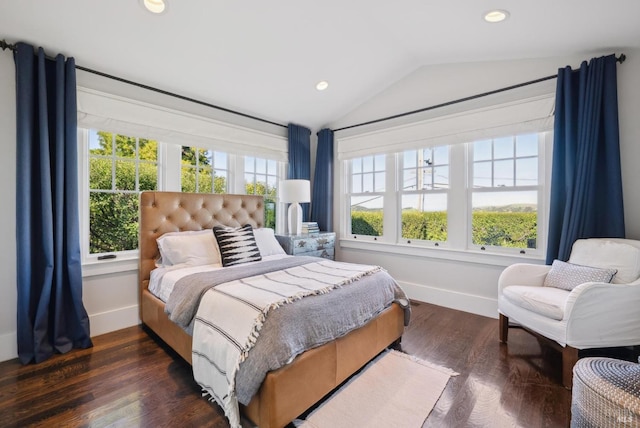 bedroom featuring vaulted ceiling, multiple windows, and wood finished floors