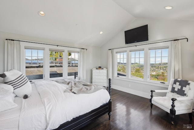 bedroom with vaulted ceiling, multiple windows, baseboards, and dark wood-type flooring