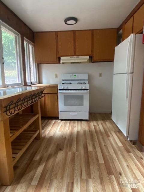 kitchen featuring under cabinet range hood, light wood finished floors, white appliances, and light countertops