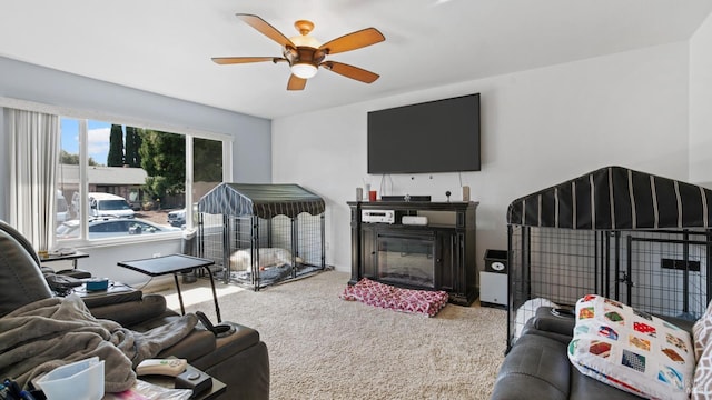 carpeted living area with a glass covered fireplace and ceiling fan