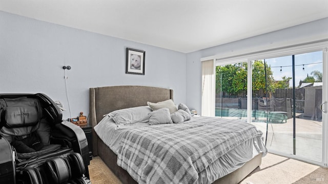 bedroom featuring light colored carpet and access to outside