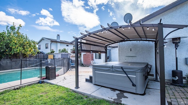 view of patio with a fenced in pool, fence, a pergola, and a hot tub