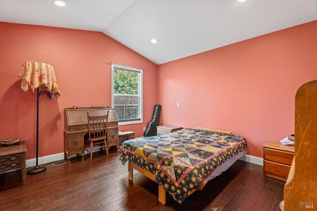 bedroom featuring vaulted ceiling, recessed lighting, baseboards, and wood finished floors