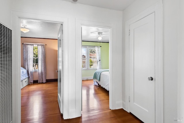 hallway featuring baseboards and dark wood finished floors