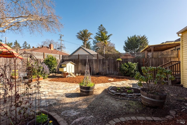 view of yard with an outdoor structure, a fenced backyard, a shed, and a patio area