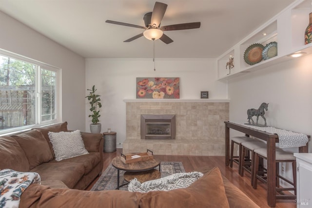 living room featuring a tiled fireplace, ceiling fan, and wood finished floors