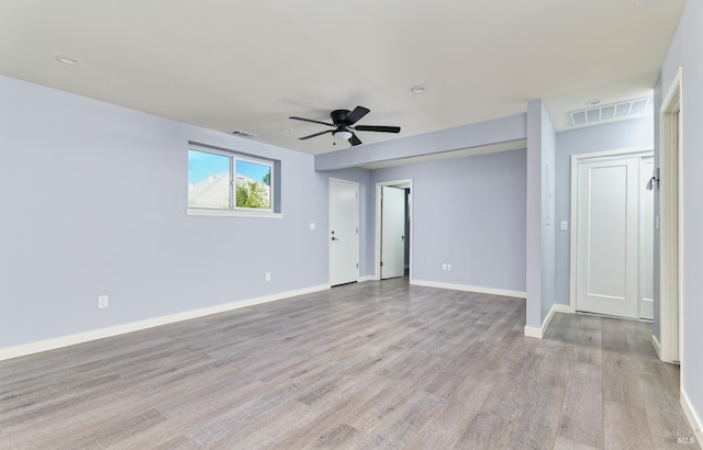 unfurnished room featuring visible vents, baseboards, light wood-style floors, and a ceiling fan