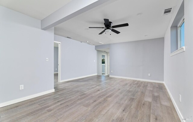 empty room with light wood finished floors, visible vents, baseboards, and a ceiling fan