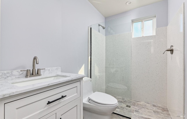 bathroom with a walk in shower, toilet, and vanity